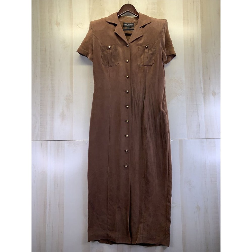 Vintage 1980-90s Brown Faux Suede Button Front Womens Dress Size 8 Made in USA-